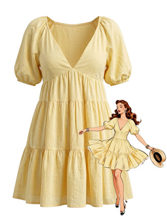 Yellow 1950s V-Neck Puff Sleeves Babydoll Dress, vintage dress, retro fashion, rockabilly, pin-up fashion - perfect for women who love vintage and retro fashion