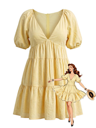 Yellow 1950s V-Neck Puff Sleeves Babydoll Dress, vintage dress, retro fashion, rockabilly, pin-up fashion - perfect for women who love vintage and retro fashion