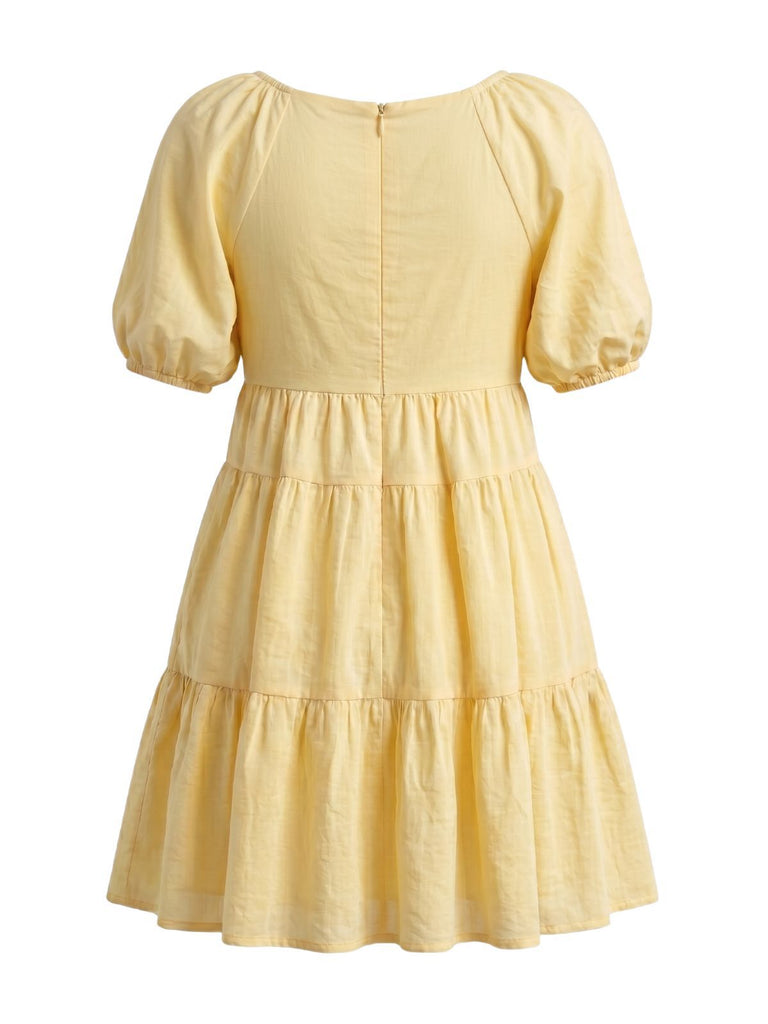 Yellow 1950s V-Neck Puff Sleeves Babydoll Dress, vintage dress, retro fashion, rockabilly, pin-up fashion - perfect for women who love vintage and retro fashion