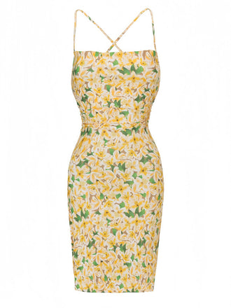 Yellow 1960s Back Lace-Up Ruched Floral Dress, vintage dress, retro fashion, floral print, lace detail - perfect for women who love vintage and retro fashion
