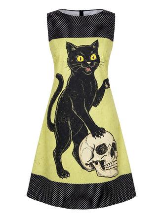 [Pre-Sale] Yellow 1950s Cat Skull Sleeveless A-Line Dress, vintage dress, retro fashion, rockabilly, pin-up fashion - perfect for women who love vintage and retro fashion