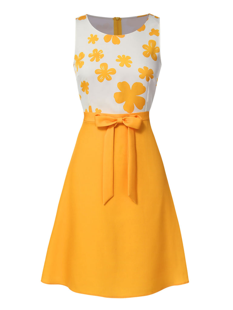 Yellow 1960s Floral Bow Sleeveless Dress, vintage dress, retro fashion, floral print - perfect for women who love vintage and retro fashion