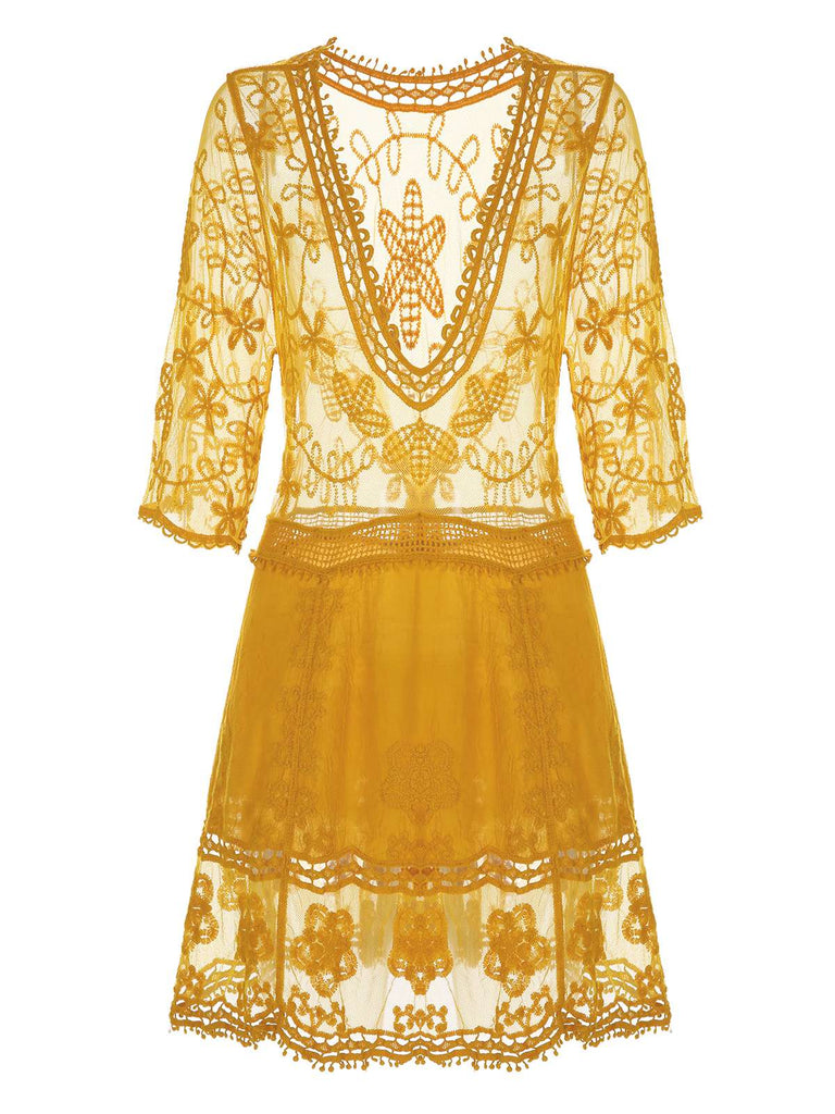 Yellow 1960s Lace Crochet Cutout Cover Up - vintage fashion, retro style
