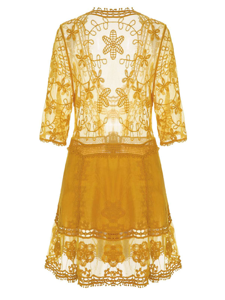 Yellow 1960s Lace Crochet Cutout Cover Up - vintage fashion, retro style