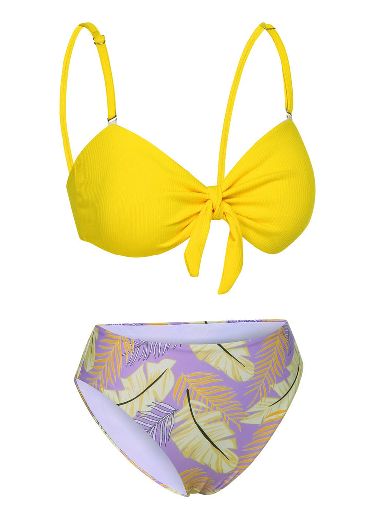Yellow 1960s Plant Prints Halter Bow Swimsuit: 1960s Riviera elegance, reimagined for her