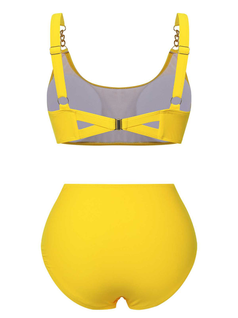This Yellow 1960s Spaghetti Strap Backless Solid Swimsuit carries 1960s vacation dreams in every stitch