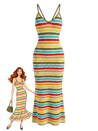 Yellow 1960s Spaghetti Strap Striped Bodycon Slim Dress 2