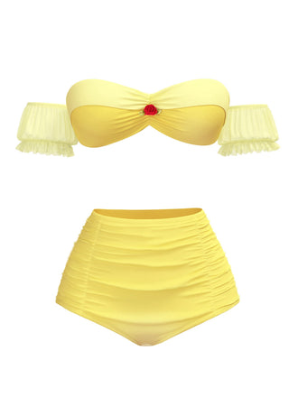 Yellow 1970s Belle Princess Style Rose Puff Bikini Set - vintage fashion, retro style