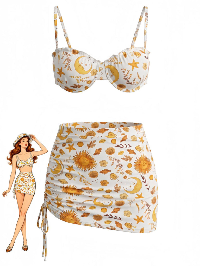 Yellow 1970s Bikini Set Cover Up 3PCS, vintage swimsuit, pin-up swimwear - perfect for women who love vintage and retro fashion