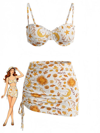 Yellow 1970s Bikini Set Cover Up 3PCS, vintage swimsuit, pin-up swimwear - perfect for women who love vintage and retro fashion