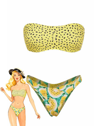 Yellow 1970s Kiwi Print Bandeau Bikini Set - vintage swimwear, retro swimsuit, pin-up style for vintage lovers