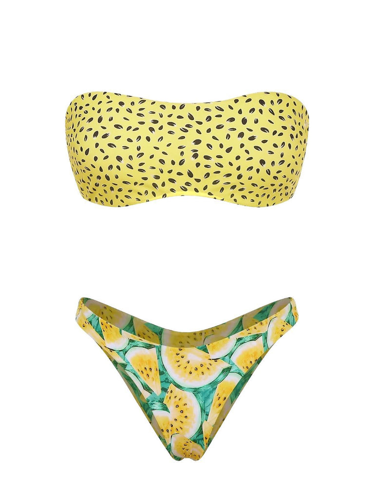 Yellow 1970s Kiwi Print Bandeau Bikini Set: beautiful vintage swimwear, retro swimsuit, pin-up style with timeless appeal