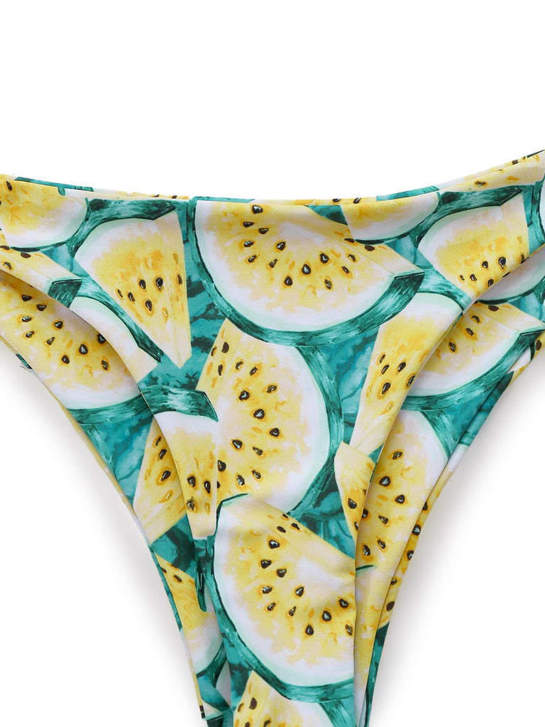 Yellow 1970s Kiwi Print Bandeau Bikini Set: beautiful vintage swimwear, retro swimsuit, pin-up style with timeless appeal