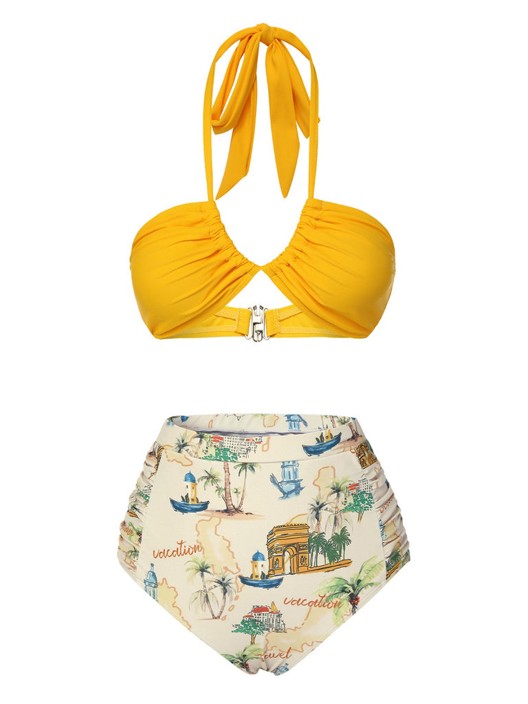 Yellow 1970s Retro Architectural Pattern Halter Swimsuit, vintage swimsuit, pin-up swimwear - perfect for women who love vintage and retro fashion