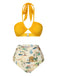 Yellow 1970s Retro Architectural Pattern Halter Swimsuit, vintage swimsuit, pin-up swimwear - perfect for women who love vintage and retro fashion