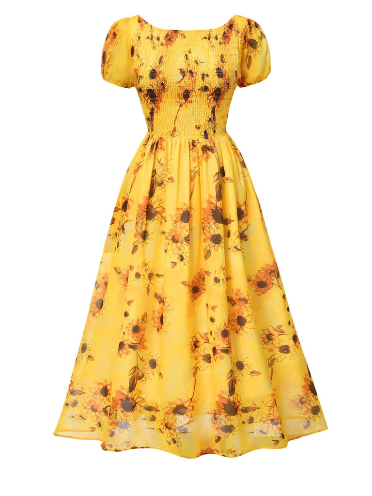 Yellow 1970s Scoop Midi A-line Sunflower Dress: where 1970s romance meets her modern spirit