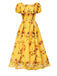 Yellow 1970s Scoop Midi A-line Sunflower Dress: where 1970s romance meets her modern spirit