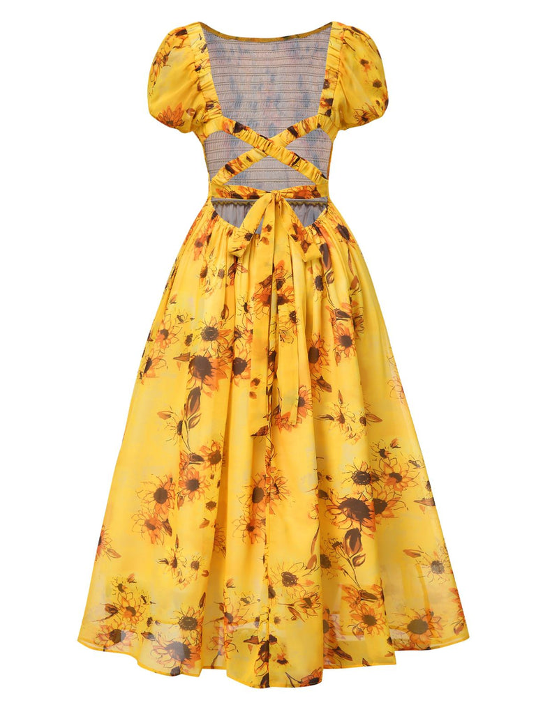 This Yellow 1970s Scoop Midi A-line Sunflower Dress wraps her in 1970s elegance, one twirl at a time