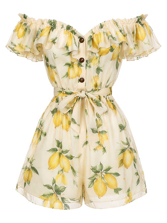 Yellow 1980s Off-Shoulder Ruffle Lemon Romper, vintage jumpsuit, retro fashion - vintage inspired fashion