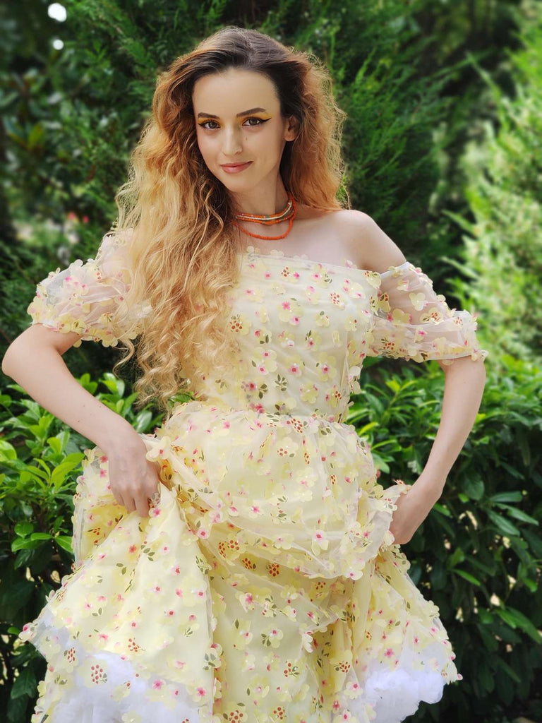 Yellow 3D Floral Puff Sleeves Swing Dress — vintage elegance for the modern woman