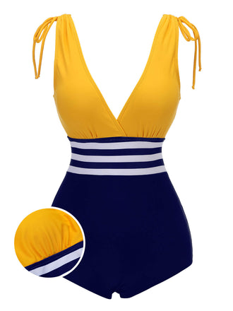 Yellow & Blue 1950s Striped Lace-Up Swimsuit, vintage swimsuit, pin-up swimwear - perfect for women who love vintage and retro fashion