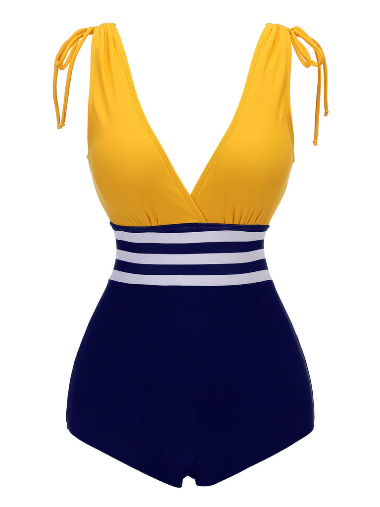 Yellow & Blue 1950s Striped Lace-Up Swimsuit, vintage swimsuit, pin-up swimwear - perfect for women who love vintage and retro fashion
