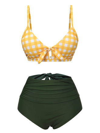 Yellow & Green 1950s Plaid Bow Bikini Set, vintage swimsuit, pin-up swimwear - perfect for women who love vintage and retro fashion