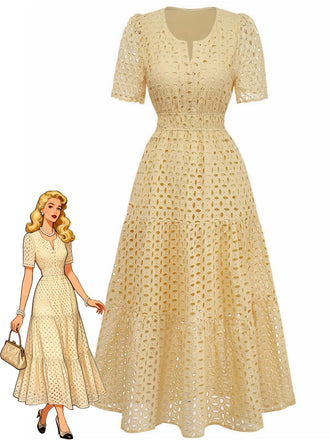 Beige lace dress with a model illustration on a white background