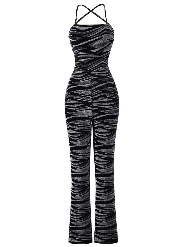 Zebra Print Halter Backless Jumpsuit