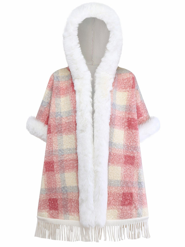 Pink 1930s Plaid Flannelette Fringed Hem Hooded Coat