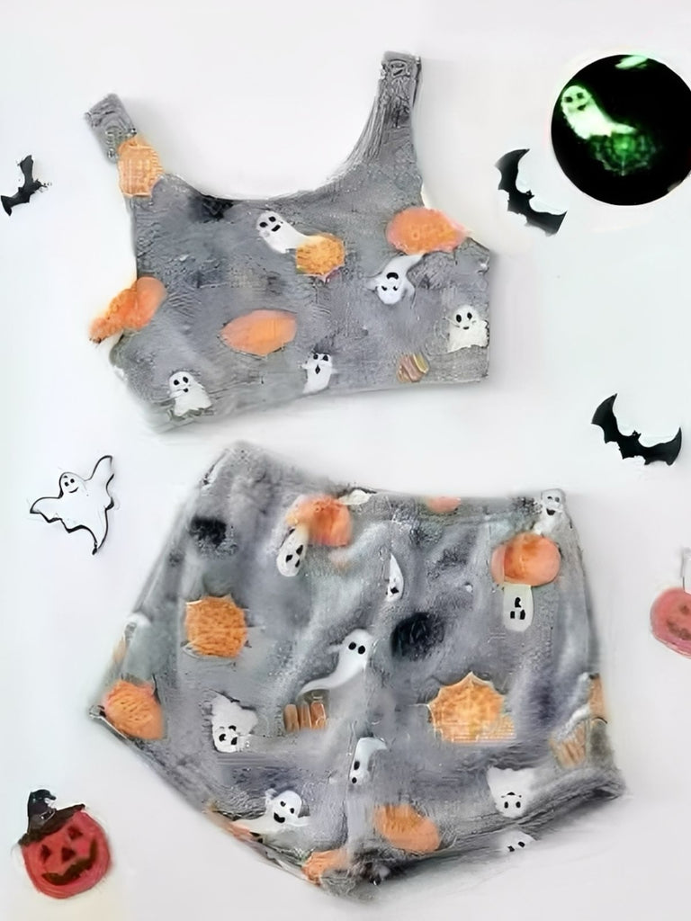 2PCS Grey 1970s Halloween Glowing Print Flannel Pajama Set