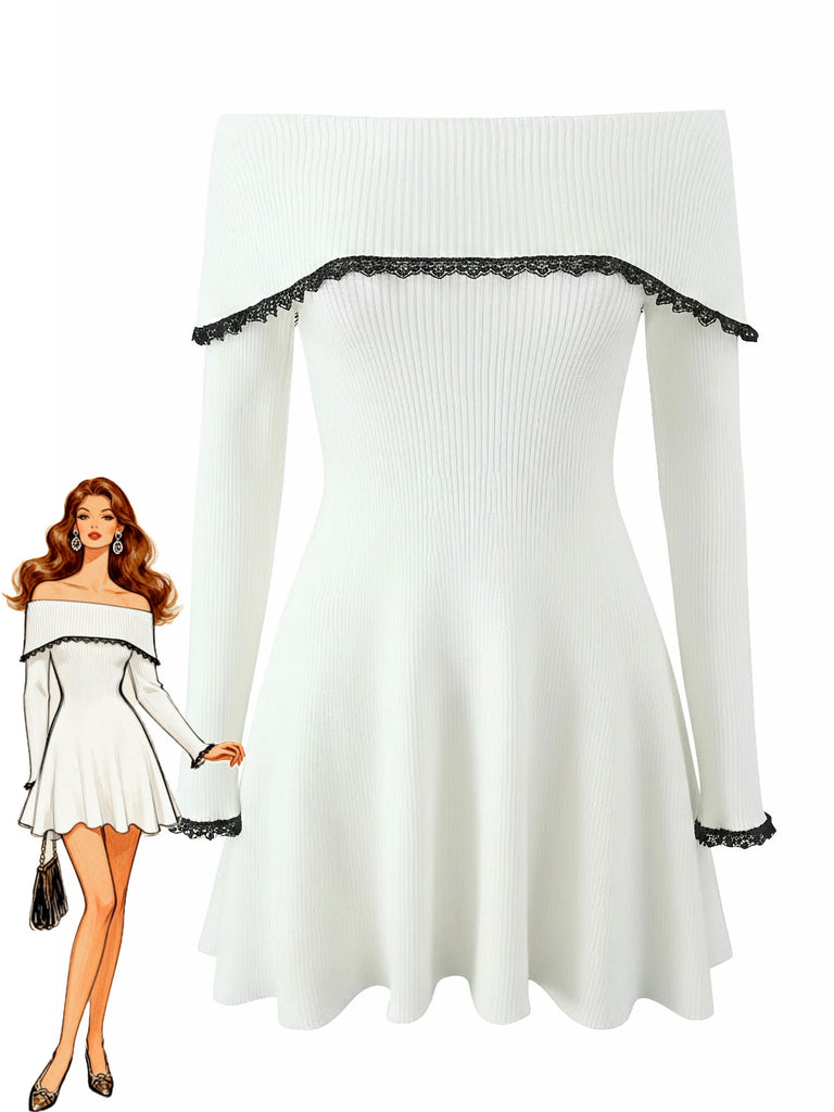 White 1970s Off-Shoulder Lace Knitted Dress