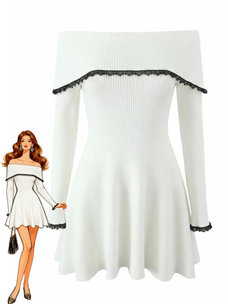 White 1970s Off-Shoulder Lace Knitted Dress