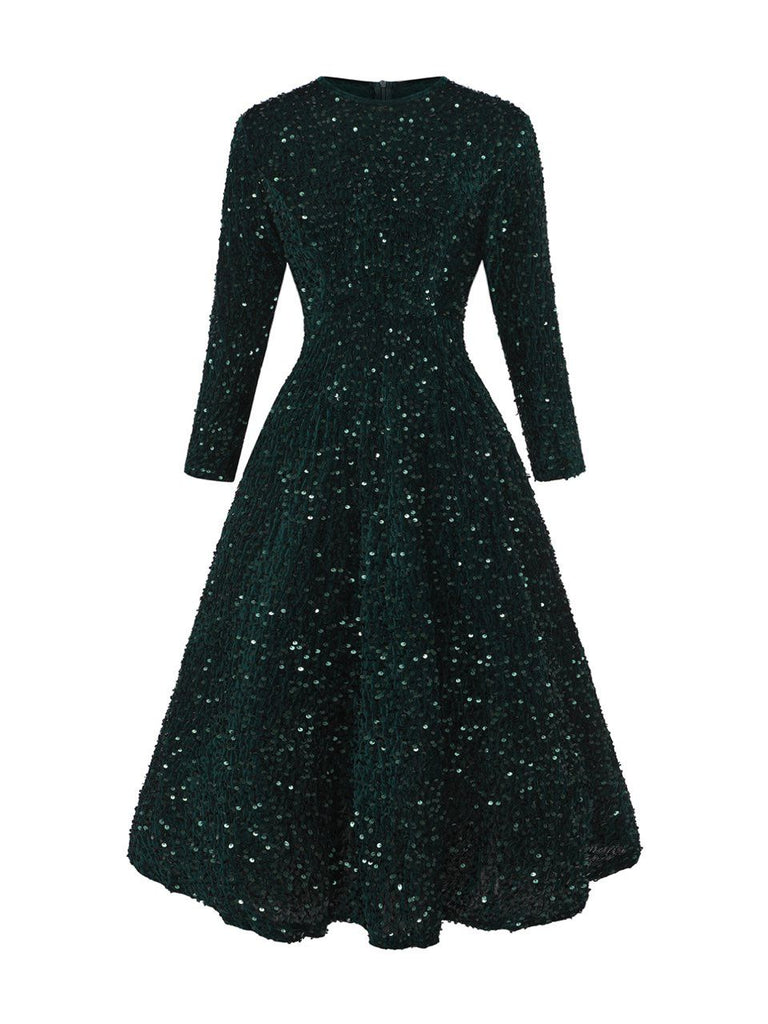 Dark Green 1940s Solid Sequins Long Sleeve Maxi Dress