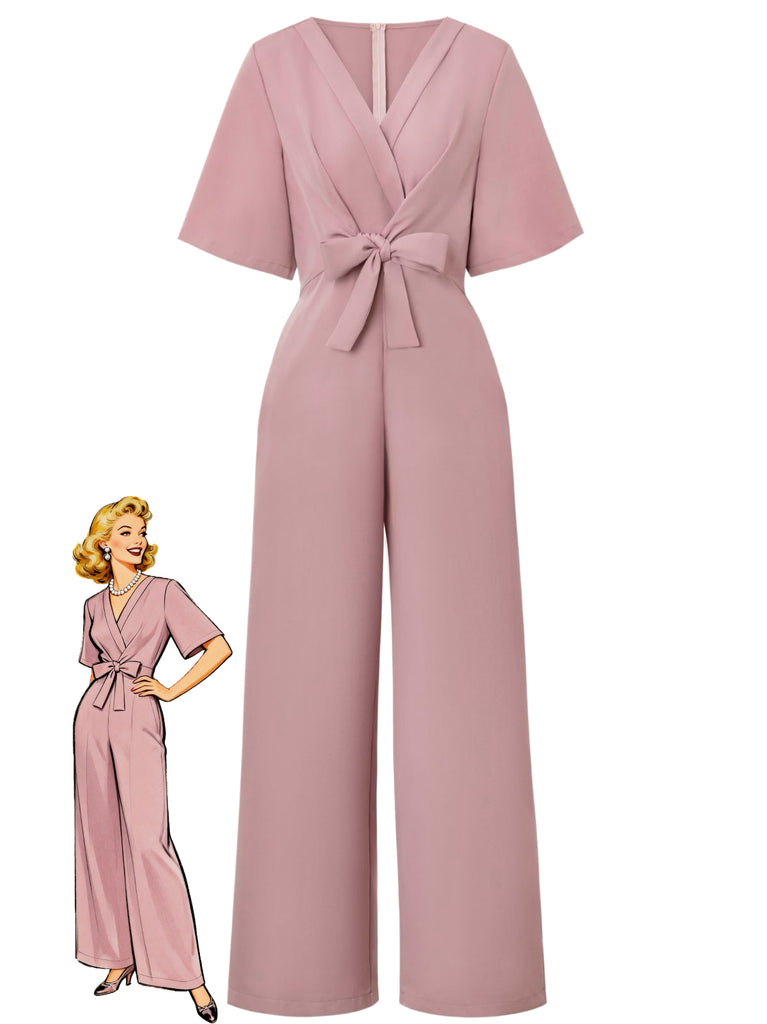 1940s Solid V-Neck Tie Short Sleeve Jumpsuit