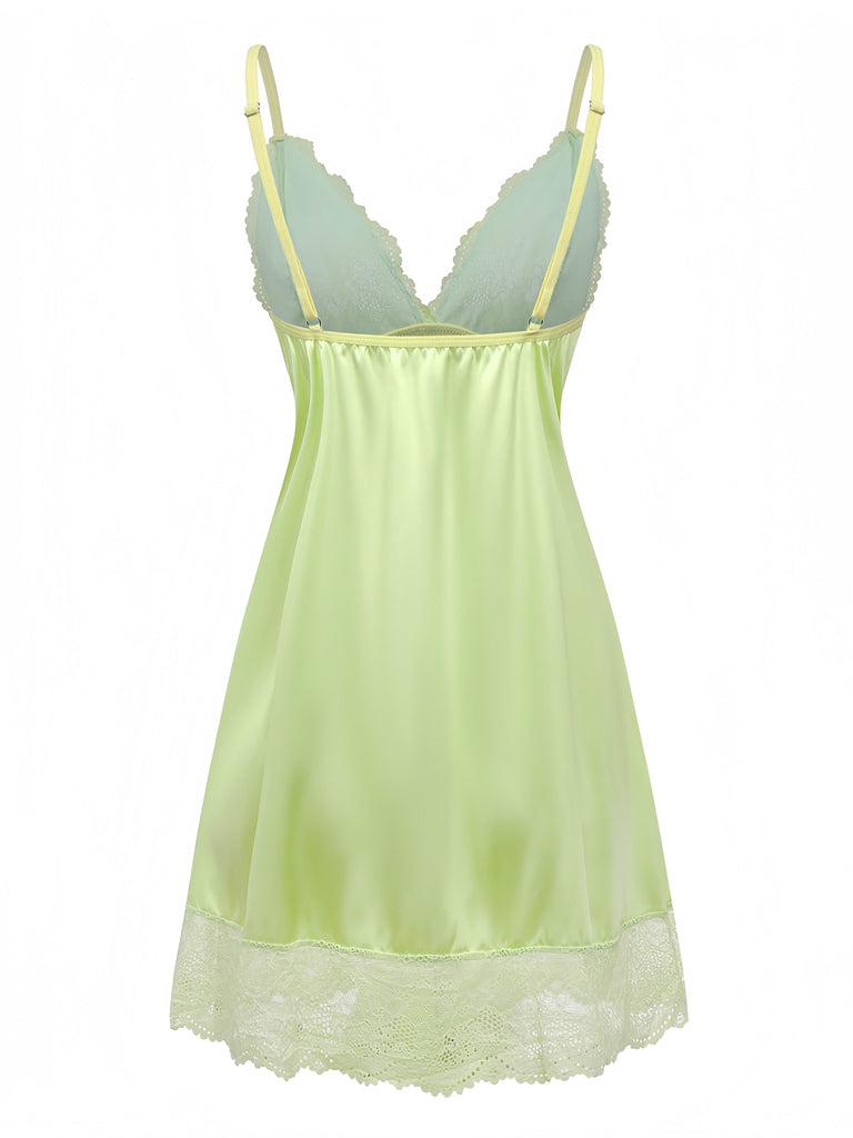 Green 1960s Lace Satin V-Neck Spaghetti Strap Nightgown