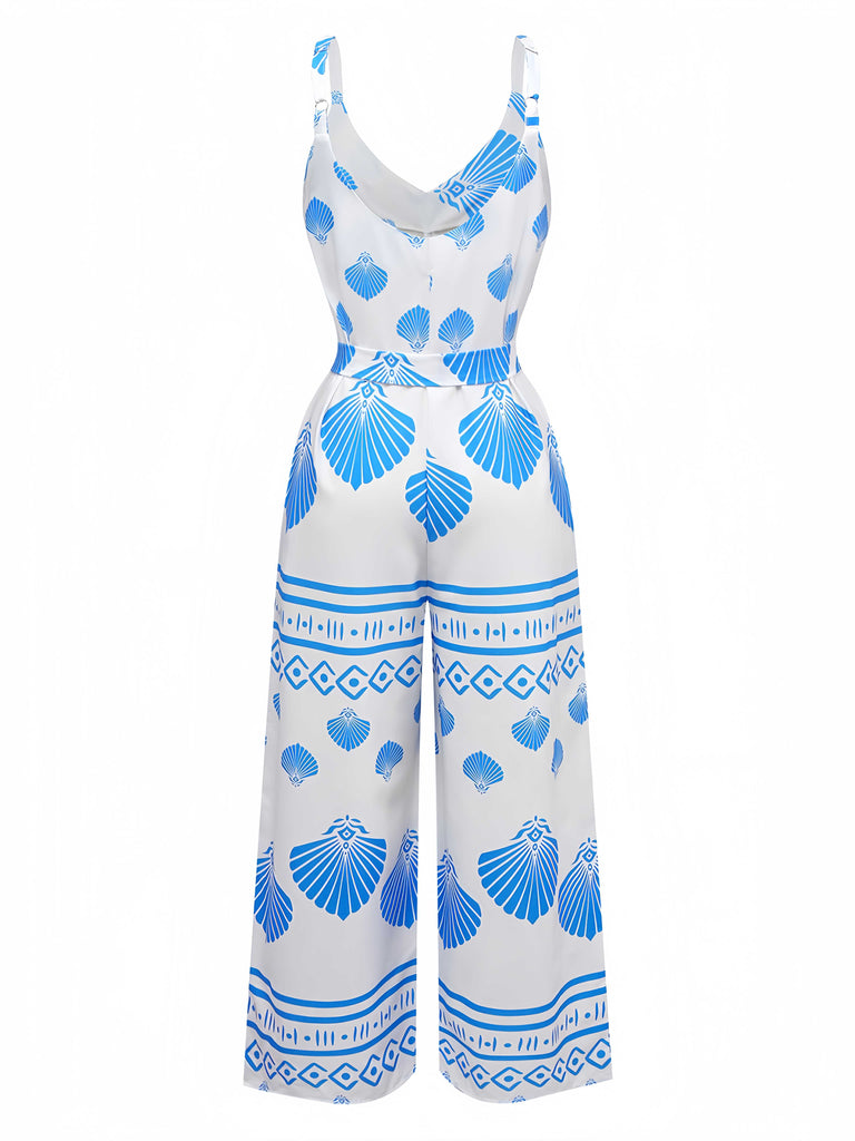 Blue 1930s Spaghetti Strap Seashell Print Belted Jumpsuit