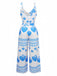 Blue 1930s Spaghetti Strap Seashell Print Belted Jumpsuit
