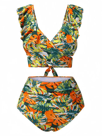 1960s Ruffles Strap Tropical Plants Wrap Bikini Set
