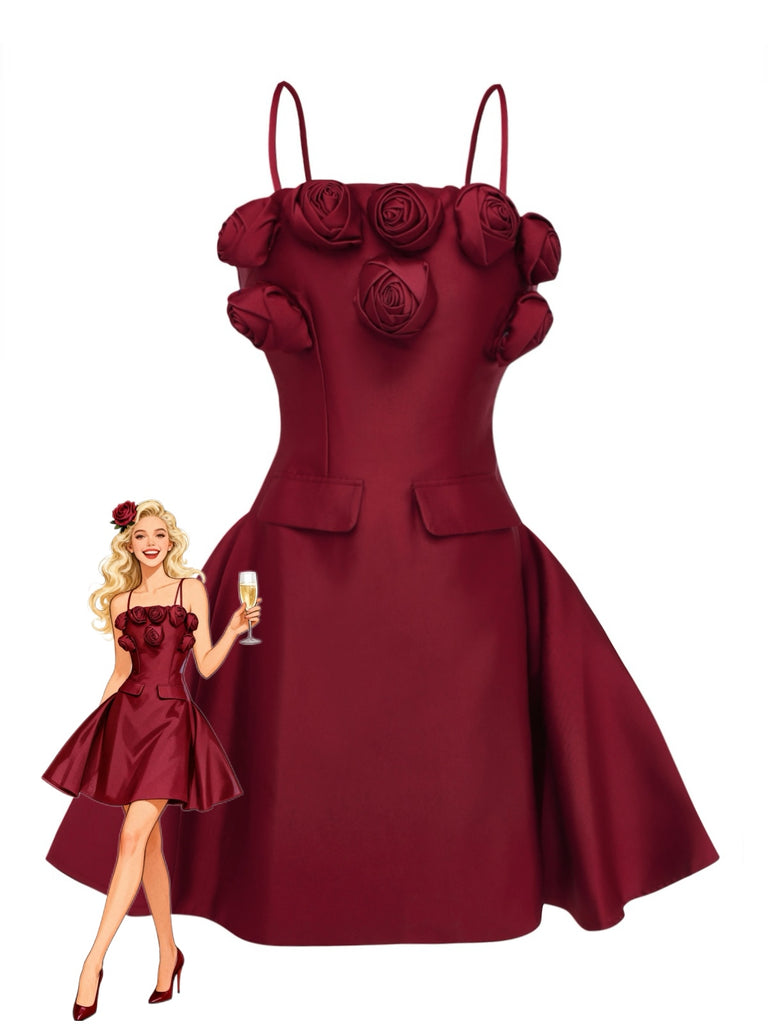 Wine Red 1960s Solid 3D Floral Short Dress