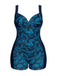 [Plus Size] Deep Blue 1980s Botanical Print One-Piece Swimsuit