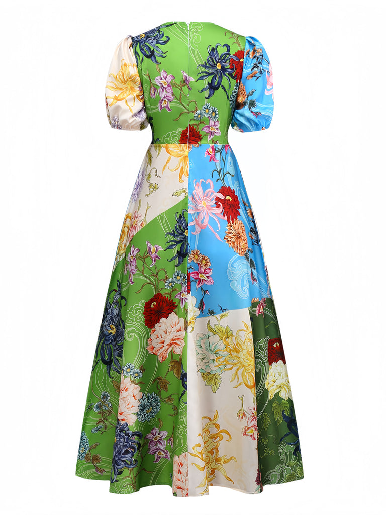 1940s Floral Doodle Puff Sleeve Dress