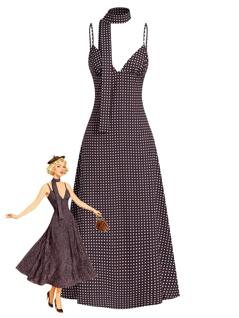 Brown 1980s V-Neck Polka Dot Tie Spaghetti Strap Dress