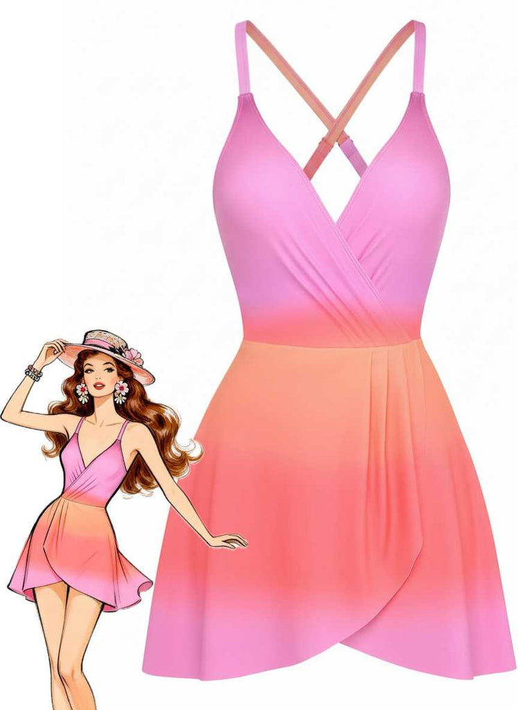 1930s Spaghetti Strap Ombre One-Piece Swimdress