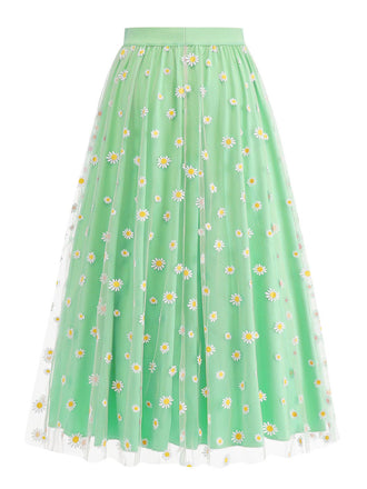 1940s Daisy Mesh High Waist A-Line Skirt