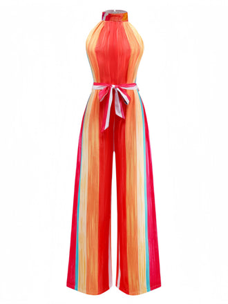 Multicolor 1960s Round Halter Belted Stripe Jumpsuit