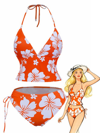 Orange 1970s Tropical Floral Halter Tie-Side Tankini Set