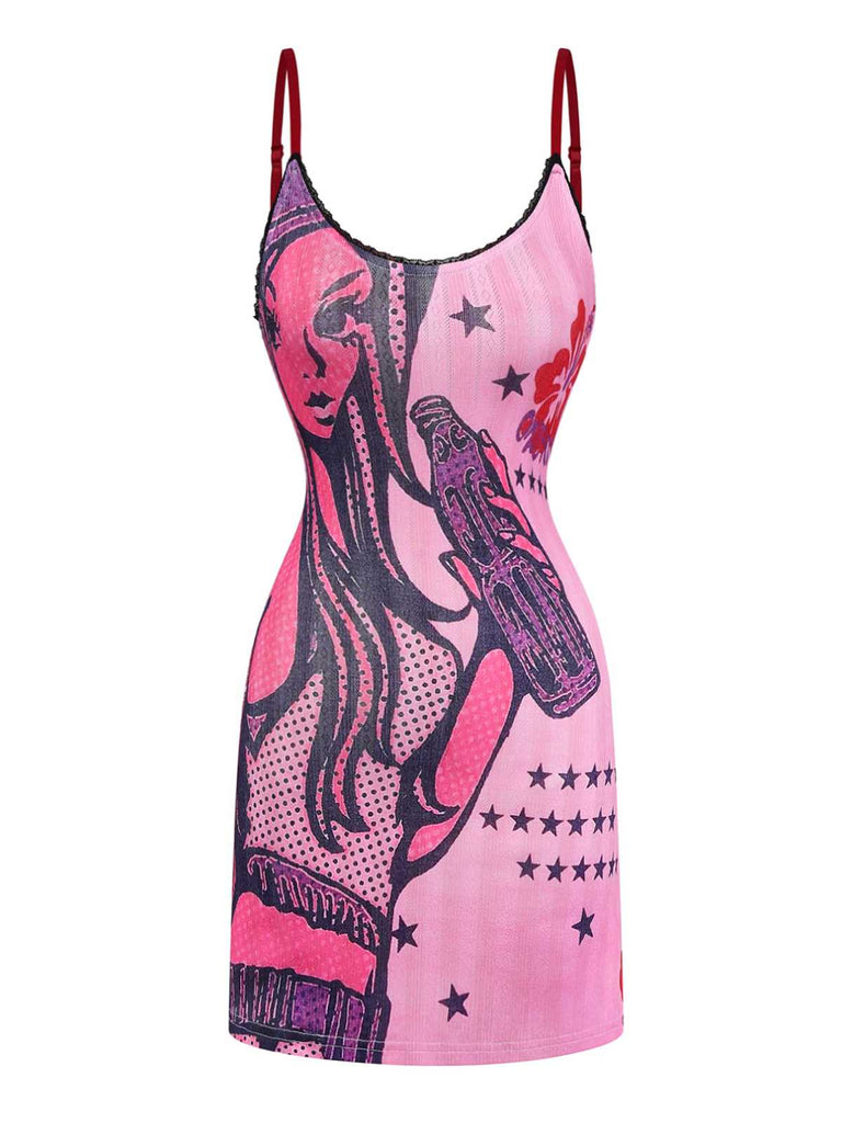 Pink 2000s Slip Lace Trim Cartoon Print Dress
