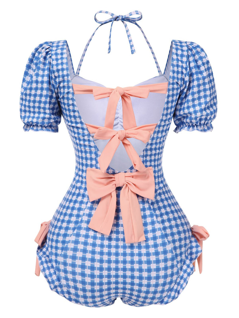 1950s Bow Puff Sleeve Gingham Plaid Swimsuit