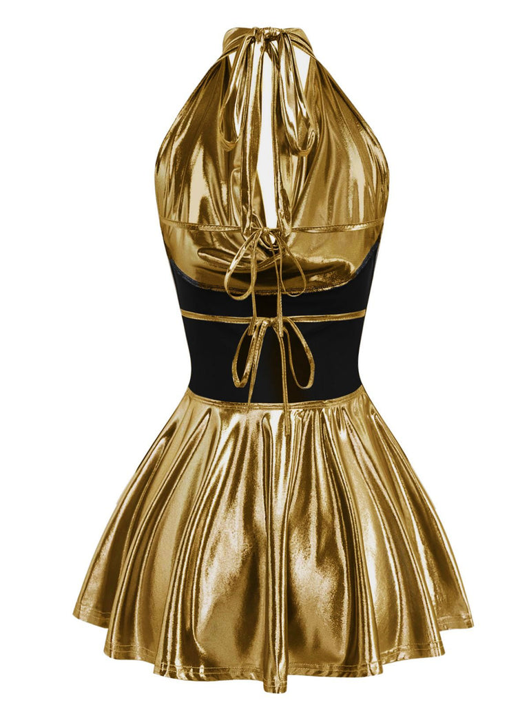 1970s Metallic V-Neck Pleated Mini Dress